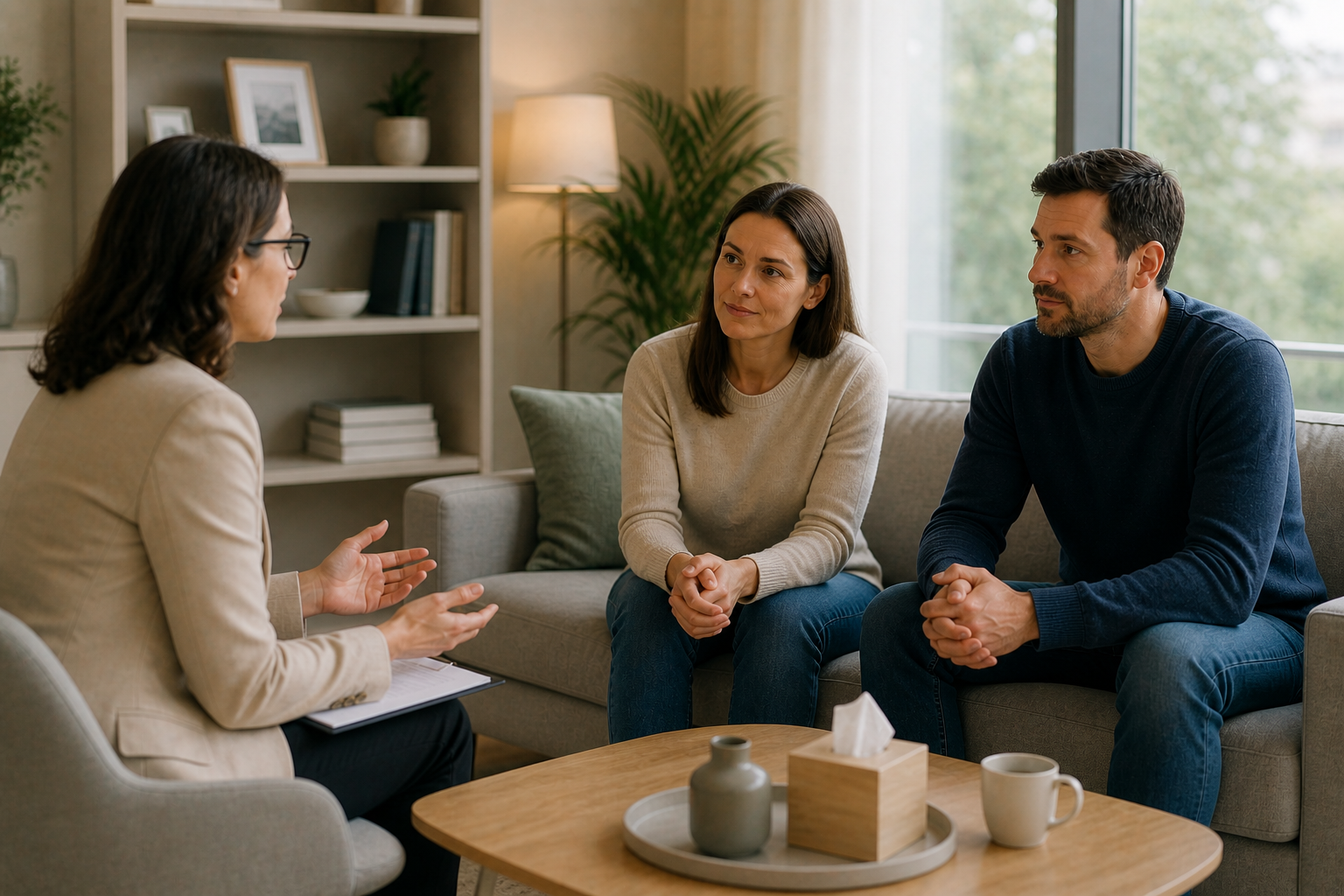 A family sitting together in a living room, engaged in a calm discussion. The image conveys a sense of connection and understanding, highlighting the benefits of mediation over court proceedings during family change.